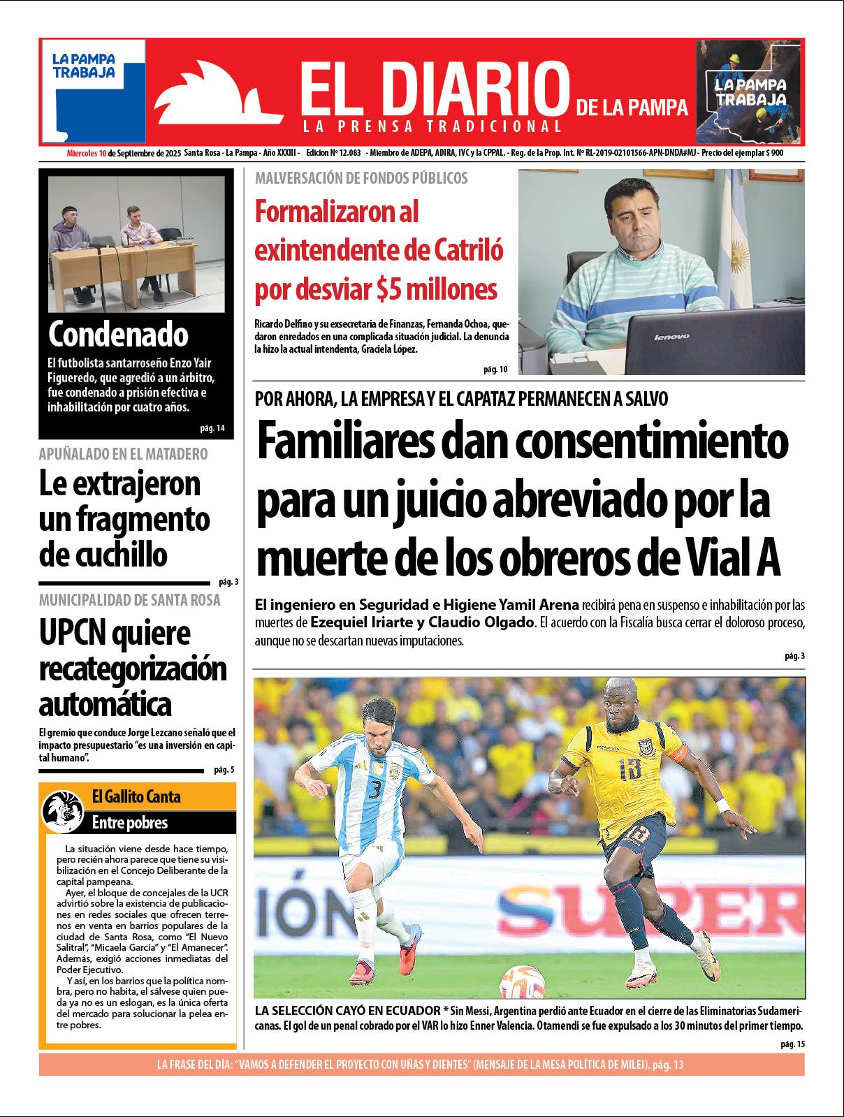 Tapa de El Diario en papel  mieacutercoles 10 de septiembre de 2025